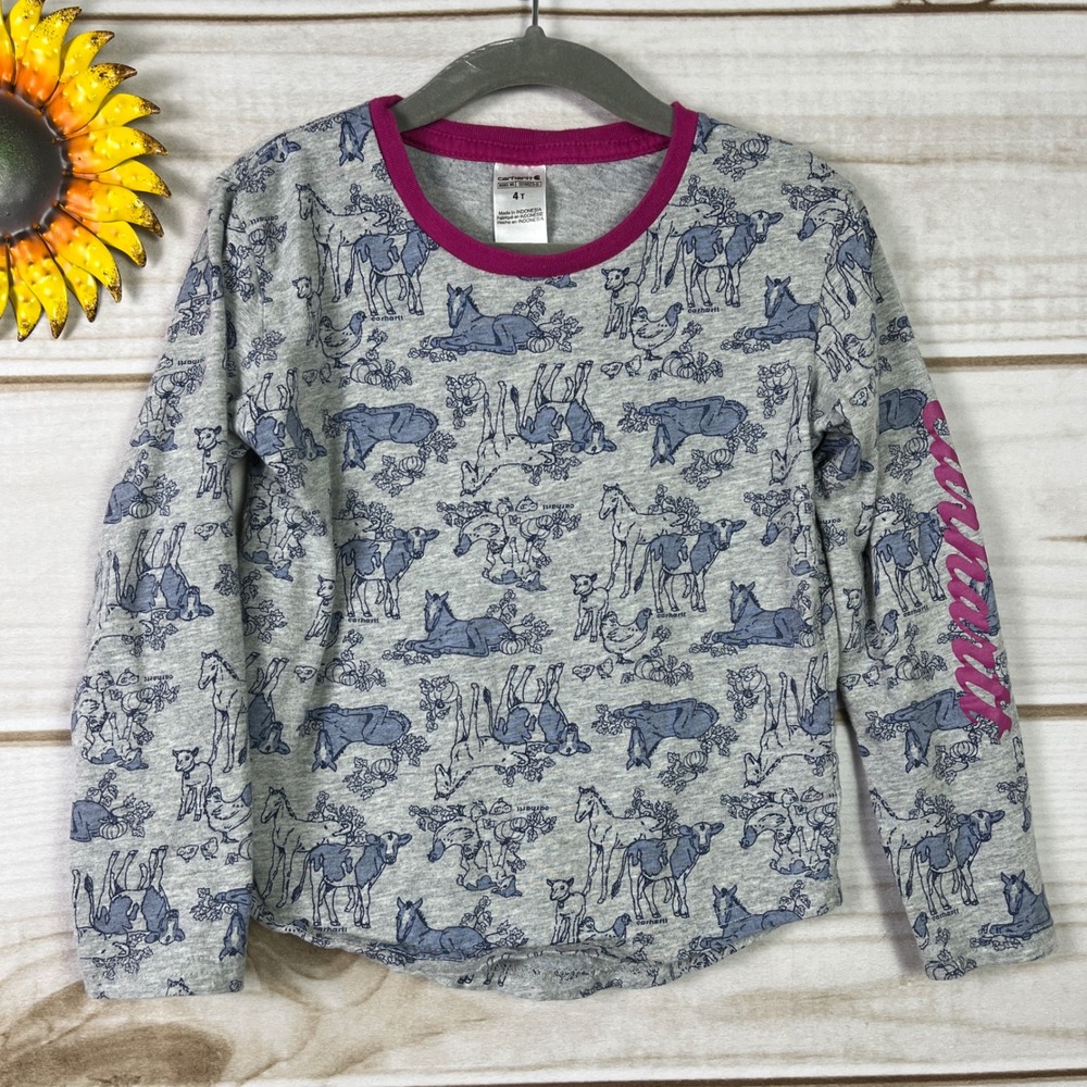Carhartt Kids 4T Gray Long Sleeve‎ Farm Animal Print Shirt Top